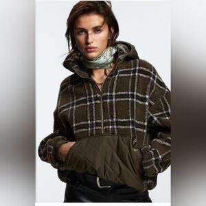 Zara Women's Plaid Hooded Jacket with Quilted Detail, Sz M